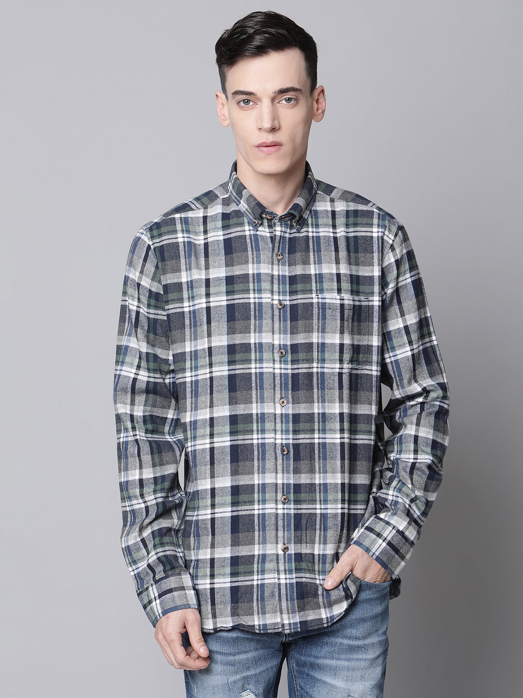 Lindbergh Men Grey Checked Button Down Collar Shirt