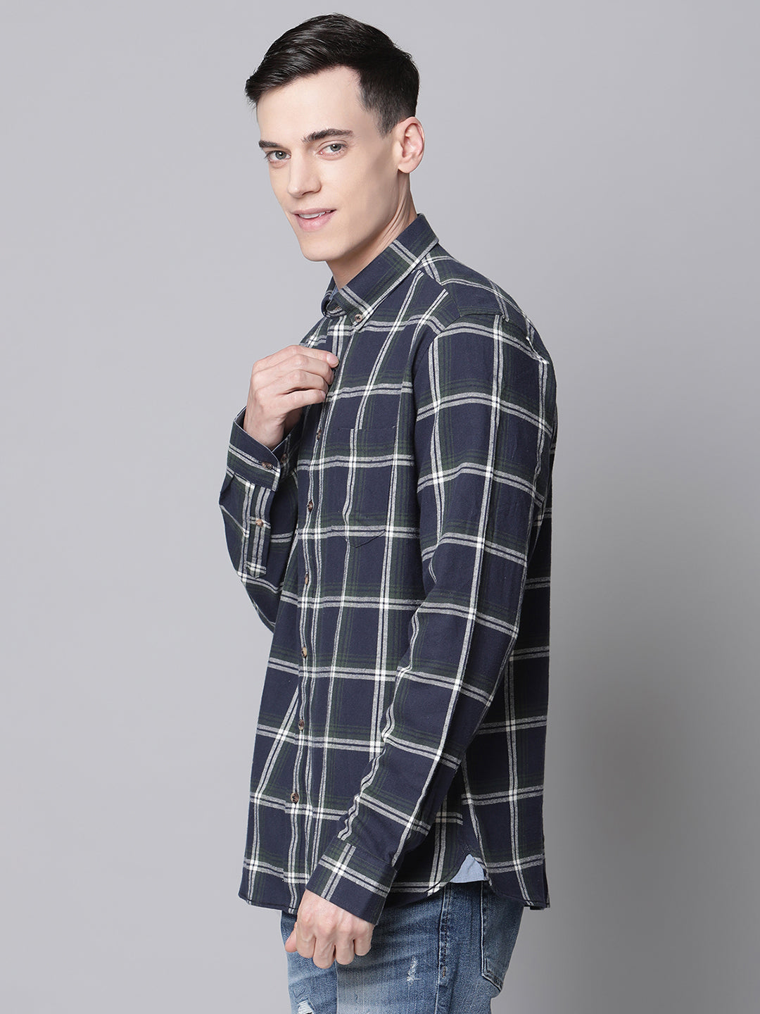 Lindbergh Men Navy Blue Checked Button Down Collar Shirt