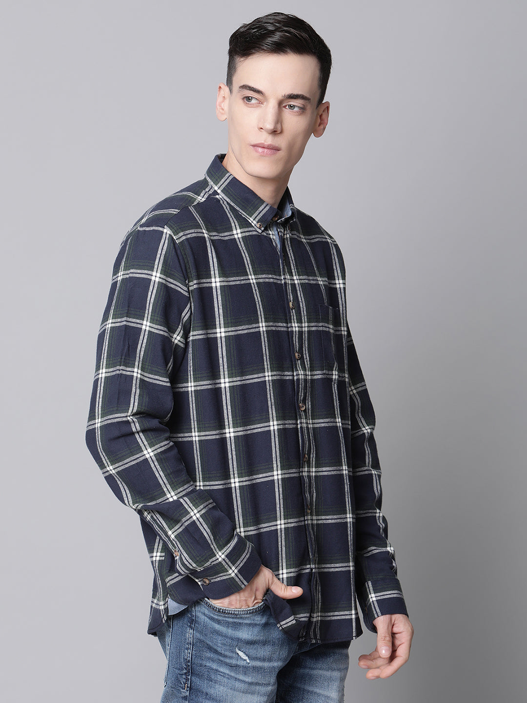 Lindbergh Men Navy Blue Checked Button Down Collar Shirt