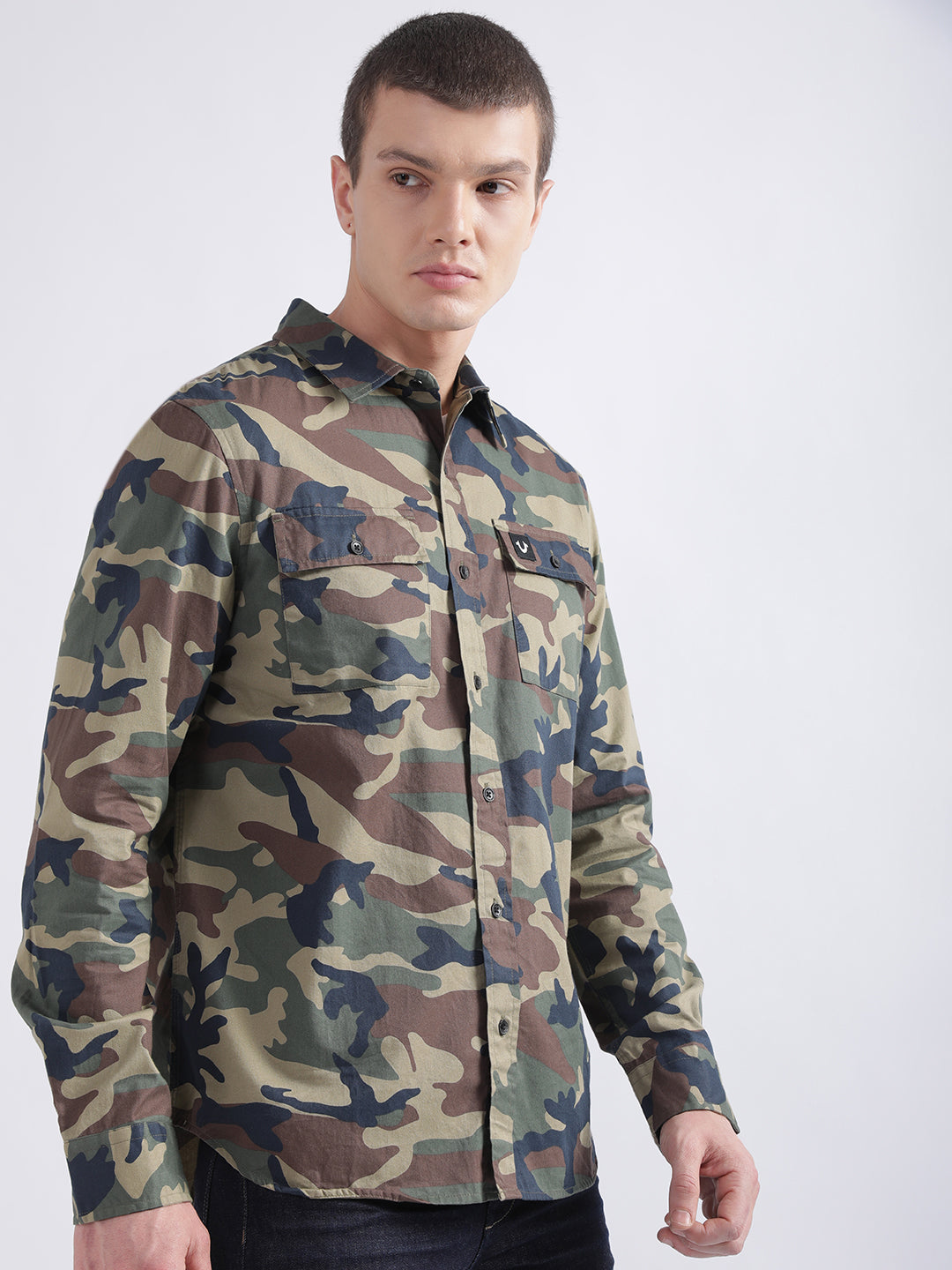 True Religion Multi Camo Printed Triple Needle Regular Fit Shirt