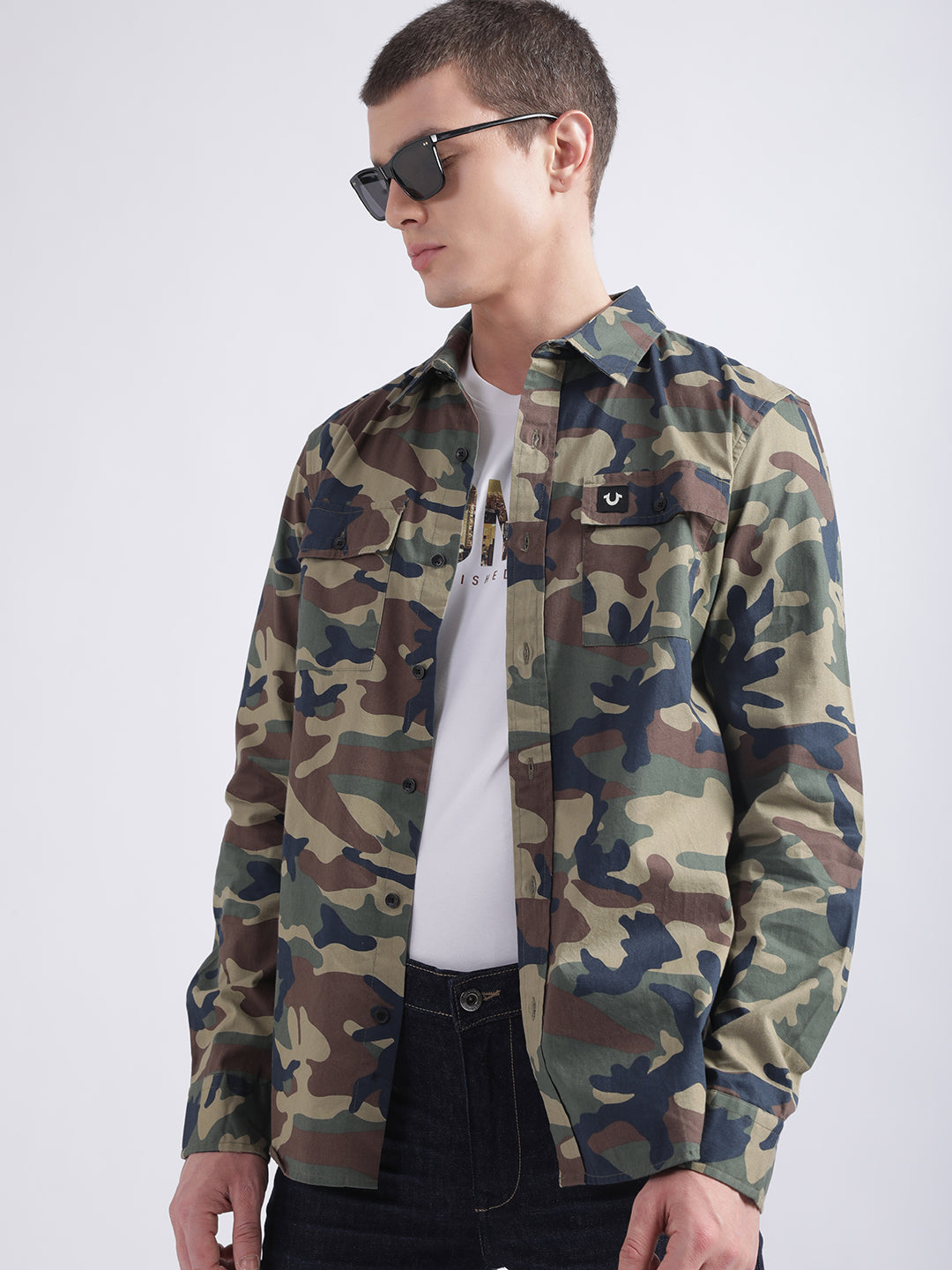 True Religion Multi Camo Printed Triple Needle Regular Fit Shirt