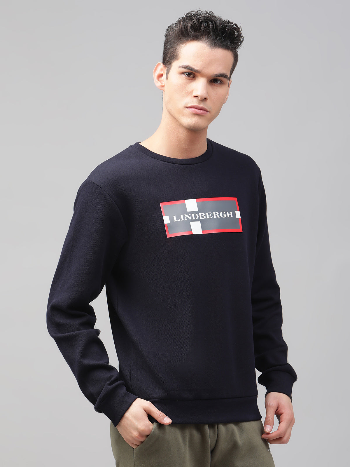 Lindbergh Men Blue Solid Round Neck Sweatshirt