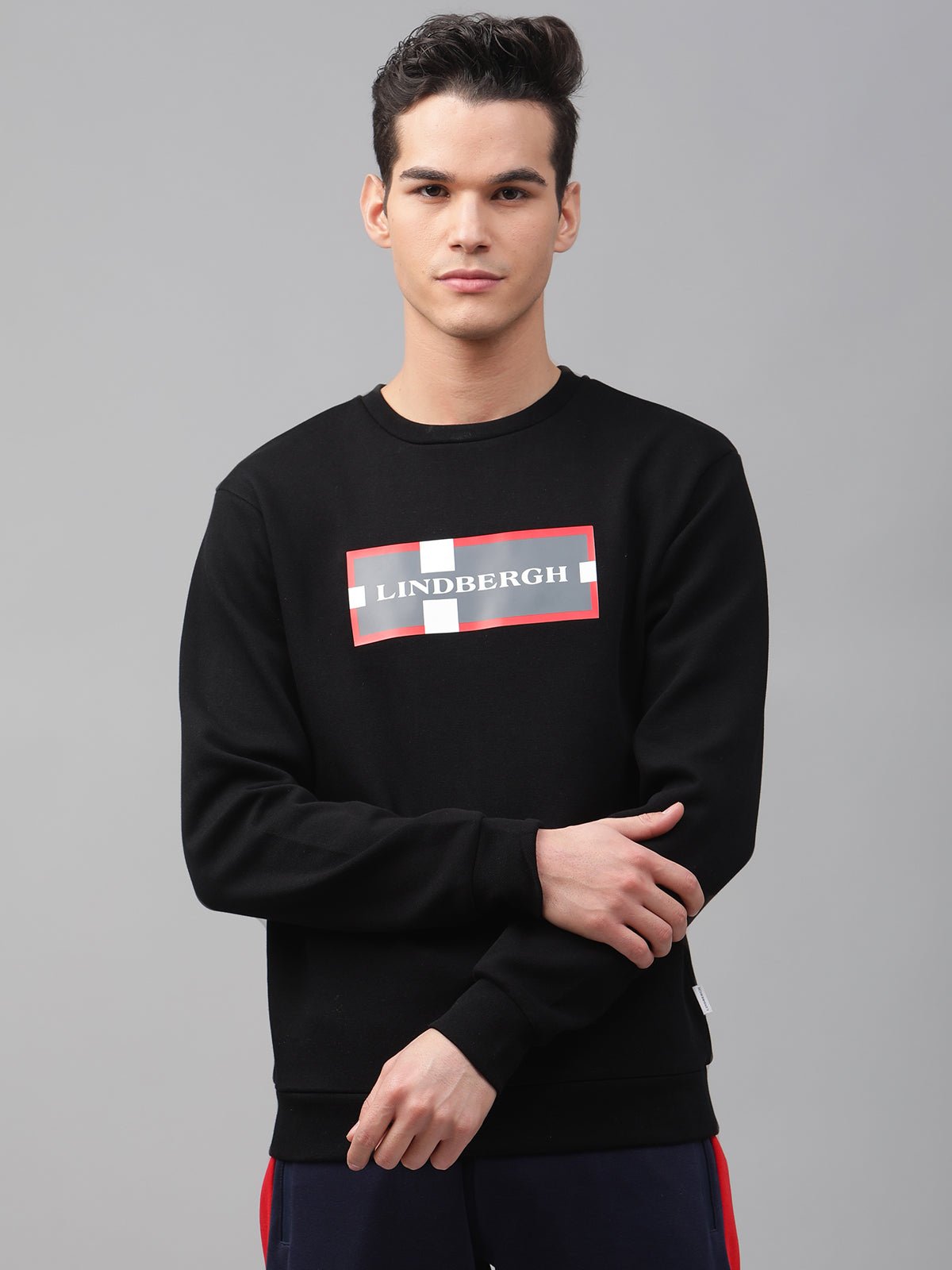 Lindbergh Men Black Solid Round Neck Sweatshirt