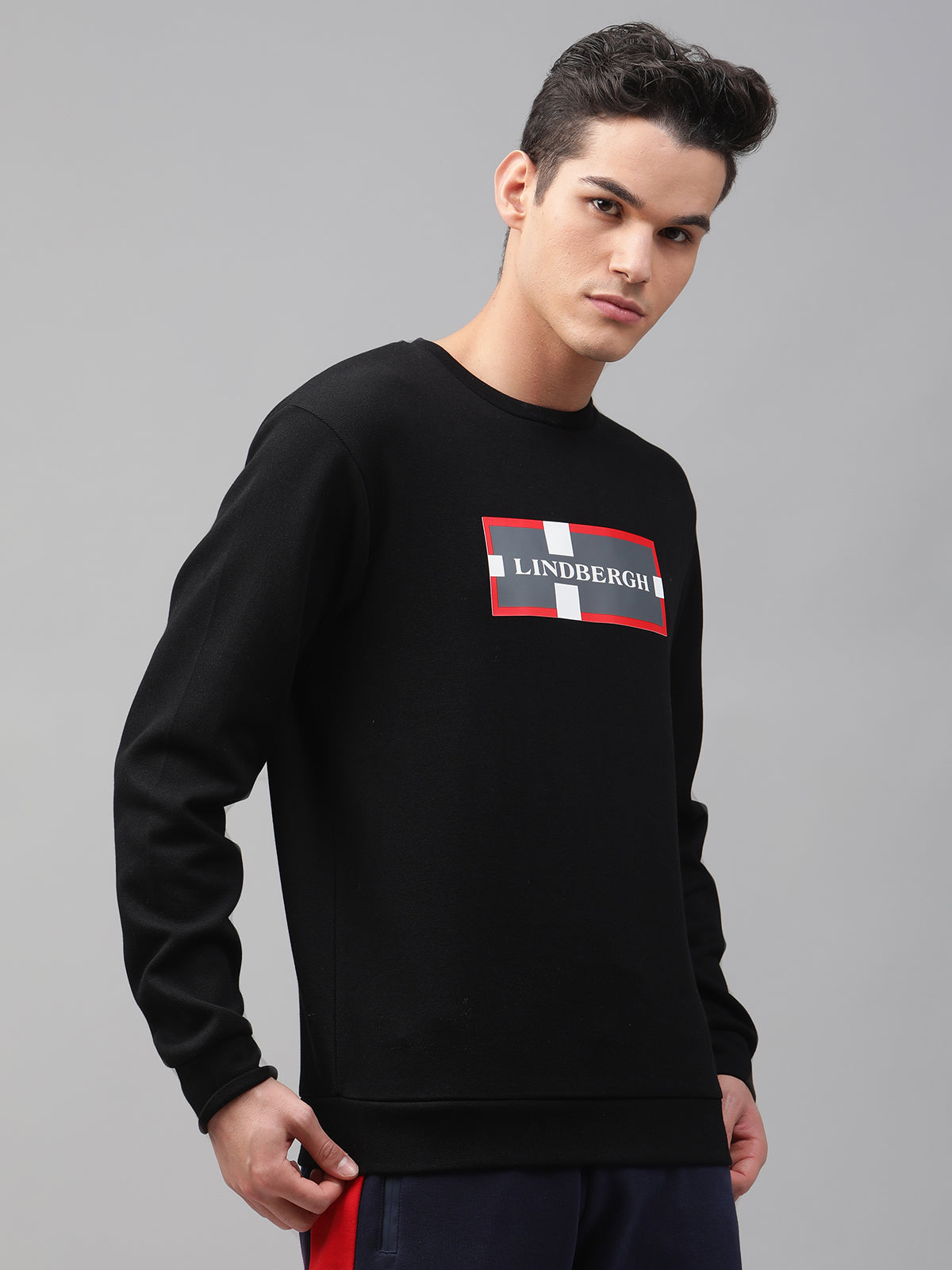 Lindbergh Men Black Solid Round Neck Sweatshirt
