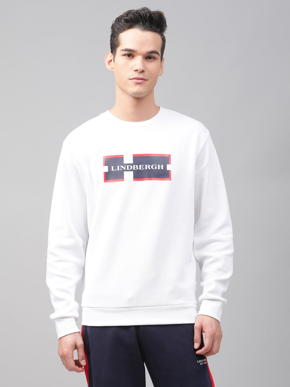 Lindbergh Men White Solid Round Neck Sweatshirt