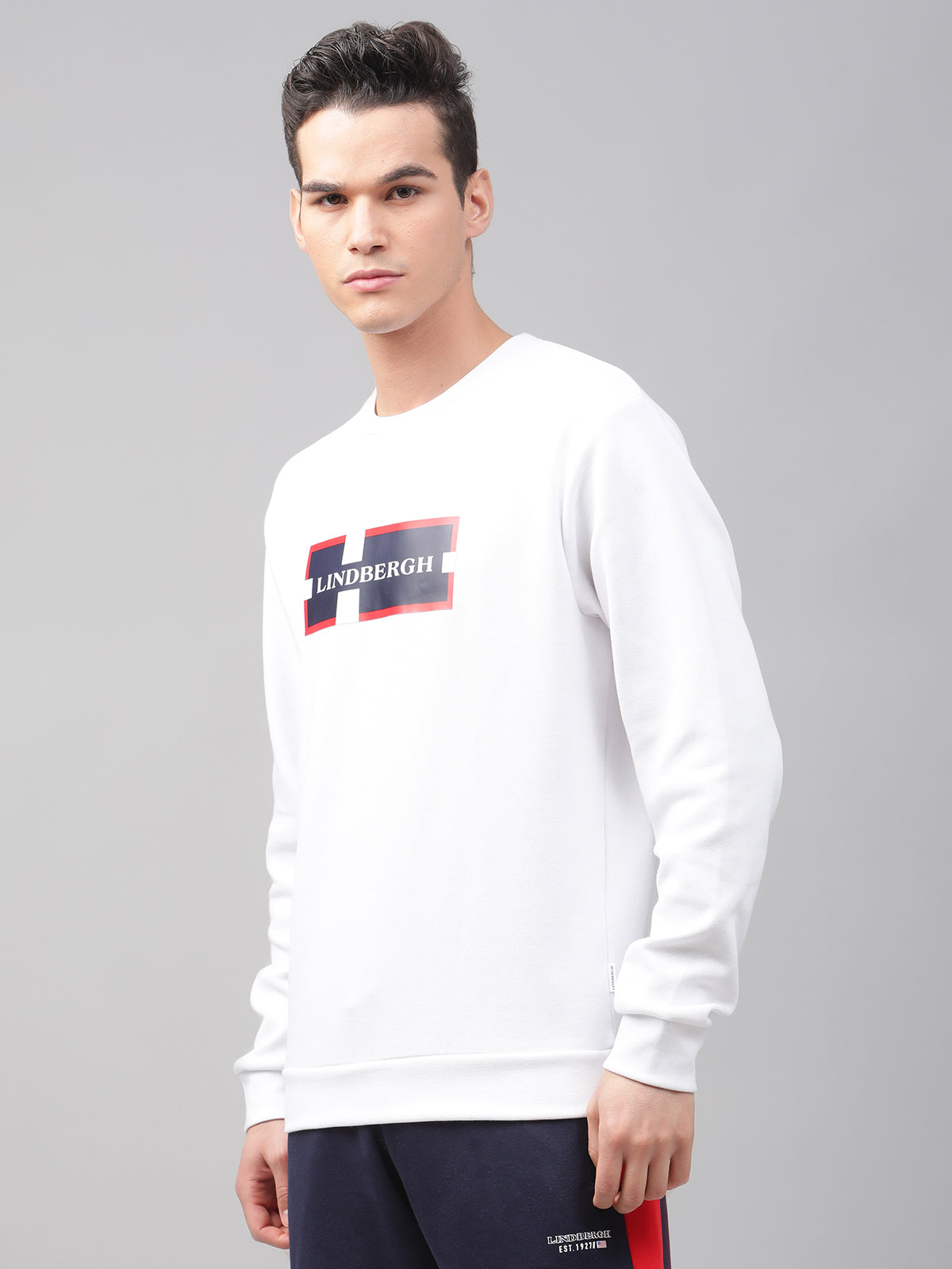 Lindbergh Men White Solid Round Neck Sweatshirt