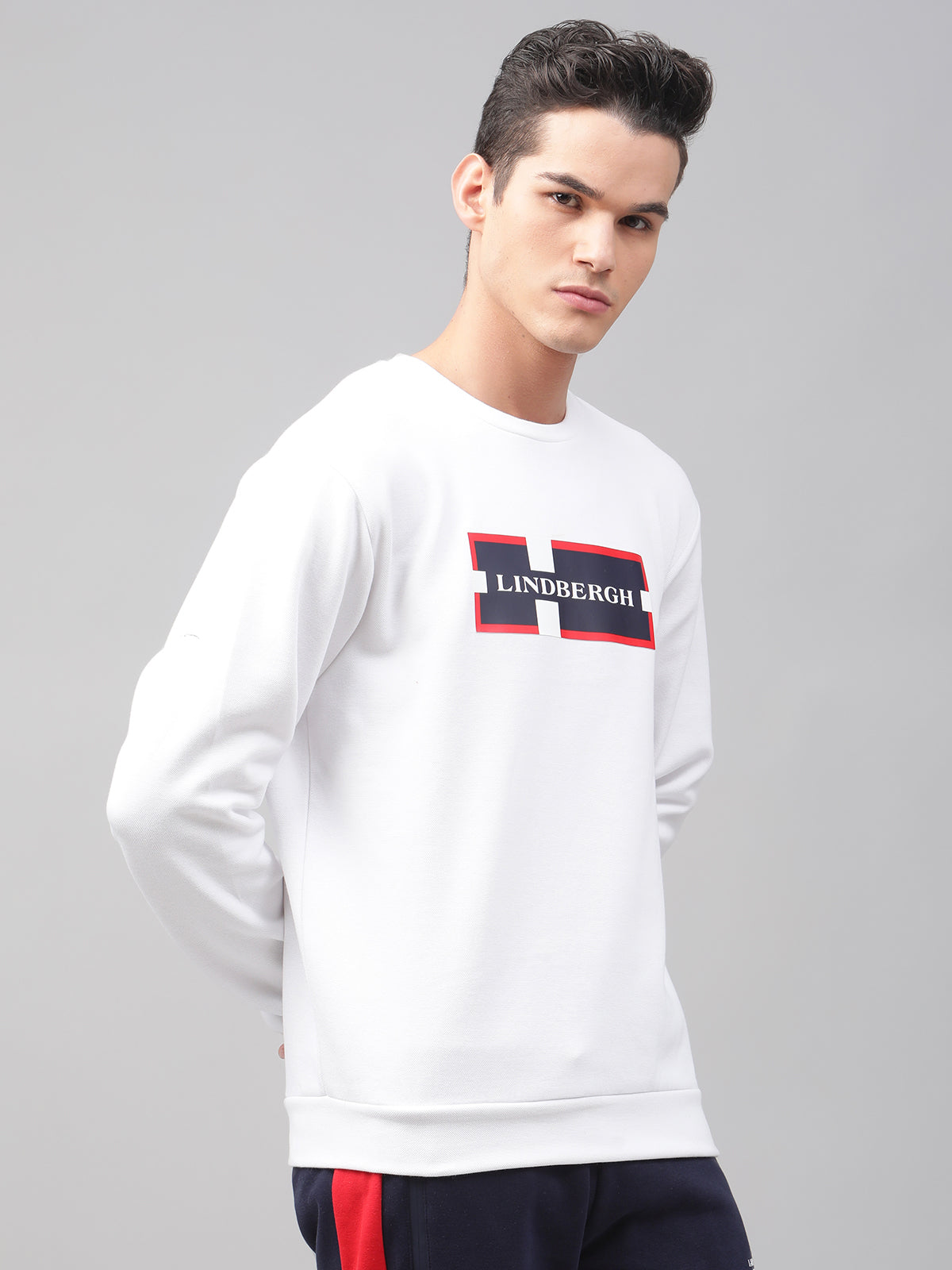 Lindbergh Men White Solid Round Neck Sweatshirt