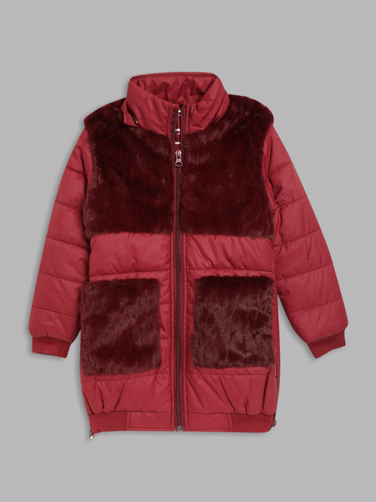 Elle Kids Girls Maroon Solid Collar Jacket
