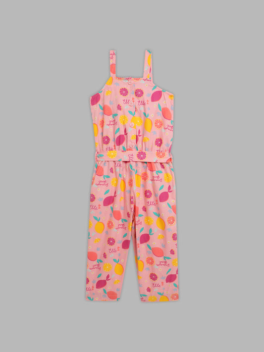 Elle Kids Girls Pink Printed Square Neck Jumpsuit