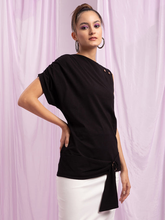 Kendall + Kylie Women Black Solid Round Neck Top