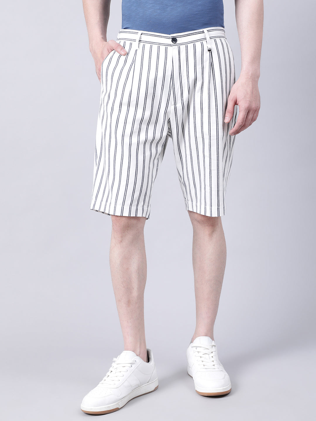 Antony Morato Men Cream-Coloured Striped Skinny Fit Shorts