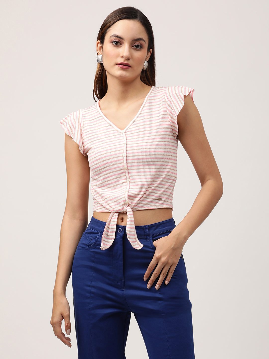 Elle Women Pink Striped V Neck TShirt