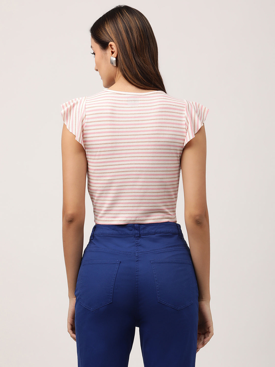 Elle Women Pink Striped V Neck TShirt