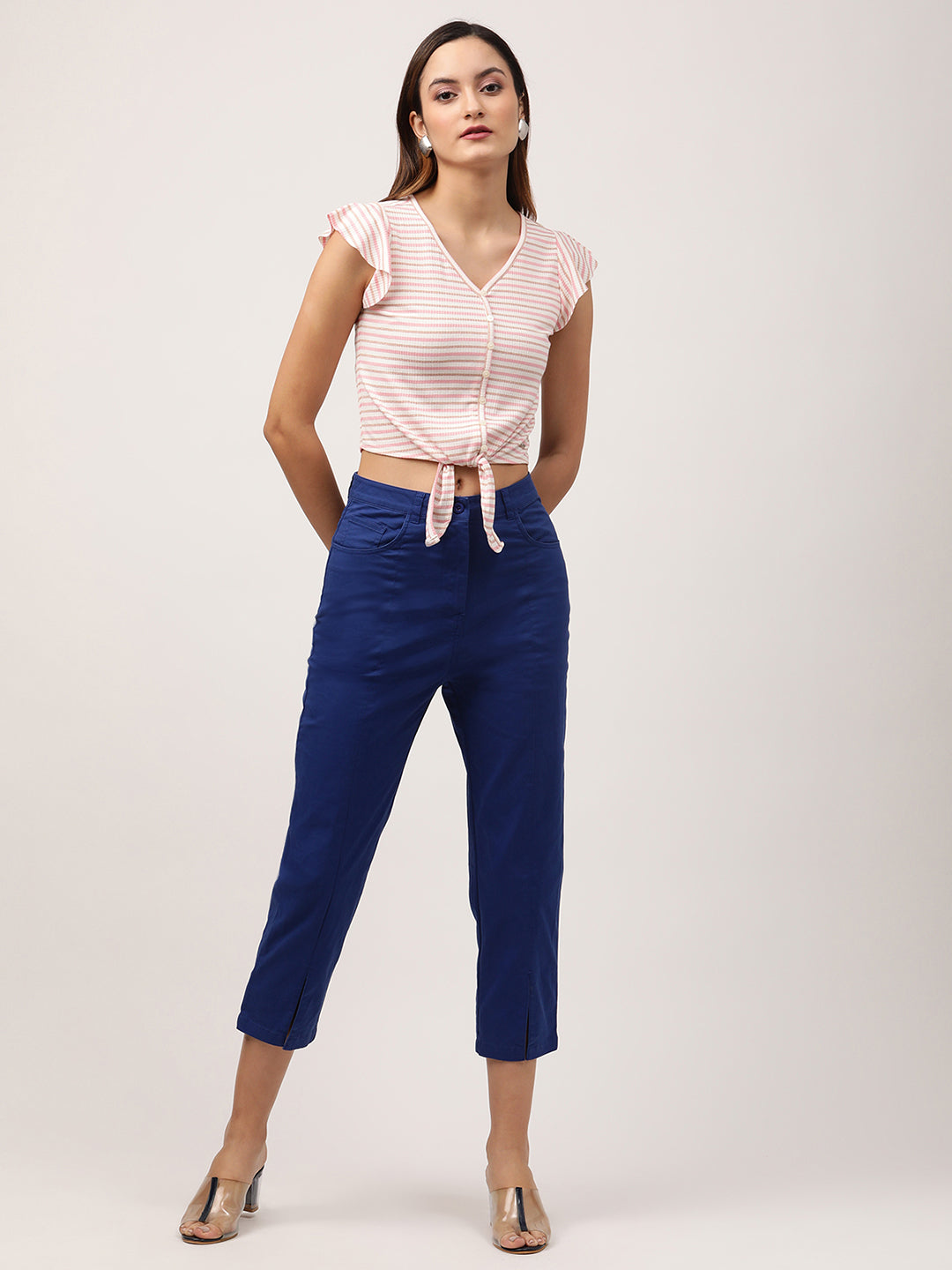 Elle Women Pink Striped V Neck TShirt