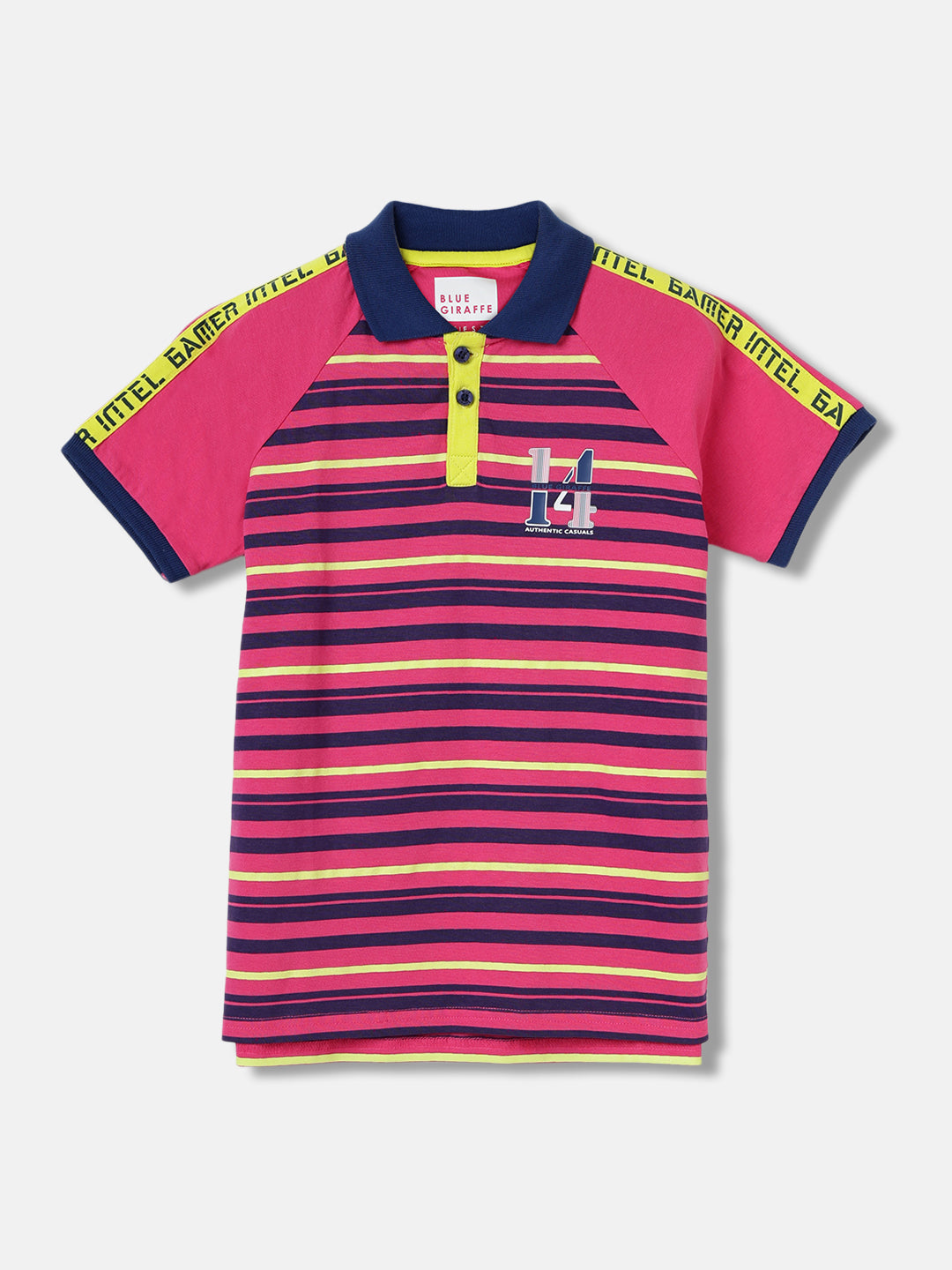Blue Giraffe Kids Pink, Lime & Navy Striped Regular Fit Polo Tshirt