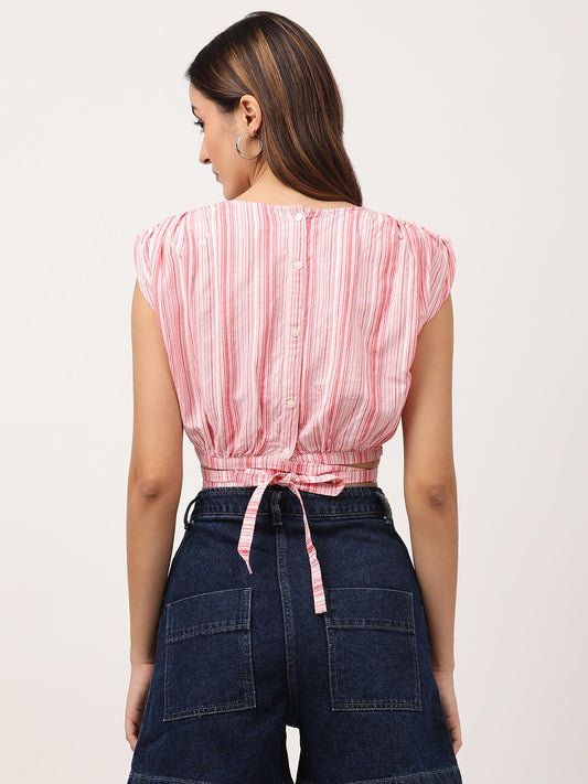 Elle Women Red Striped Round Neck Top