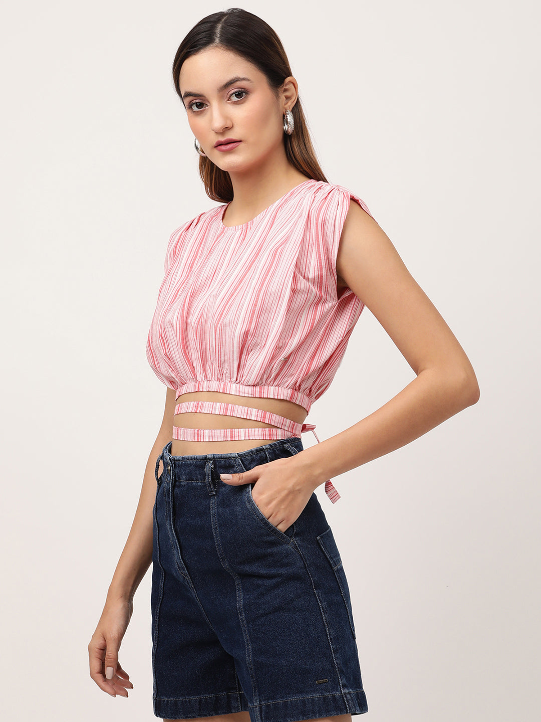 Elle Women Red Striped Round Neck Top