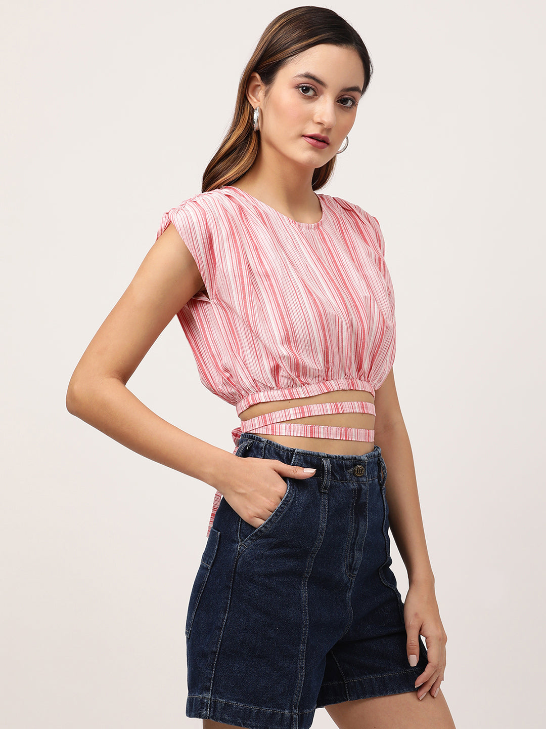 Elle Women Red Striped Round Neck Top