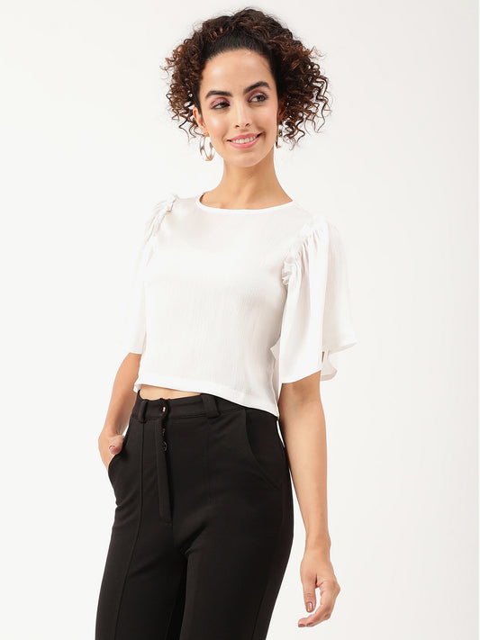 Centre Stage Women White Solid Boat Neck Top