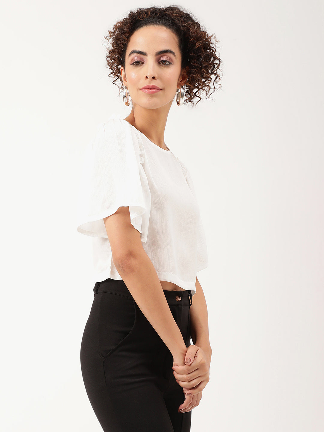 Centre Stage Women White Solid Boat Neck Top