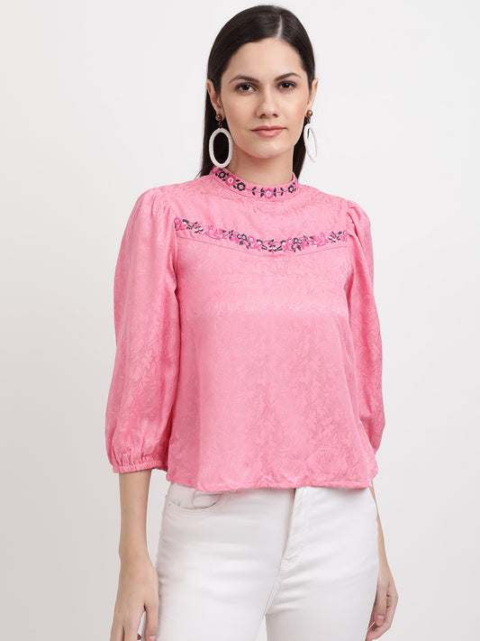 Elle Women Pink Solid Round Neck Top