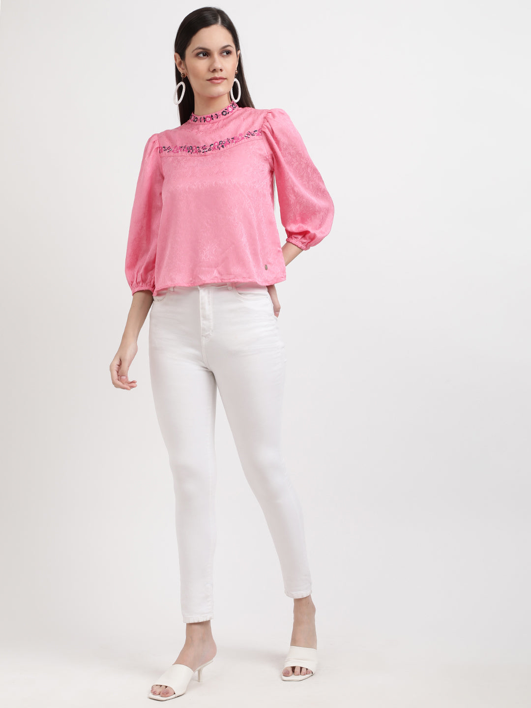 Elle Women Pink Solid Round Neck Top