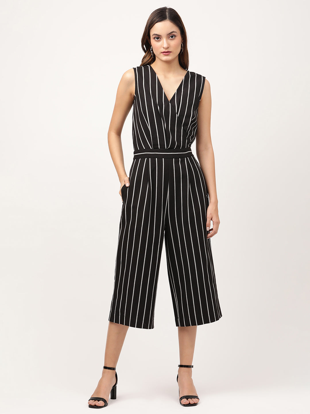 Elle Women Black Striped V Neck Jumpsuit