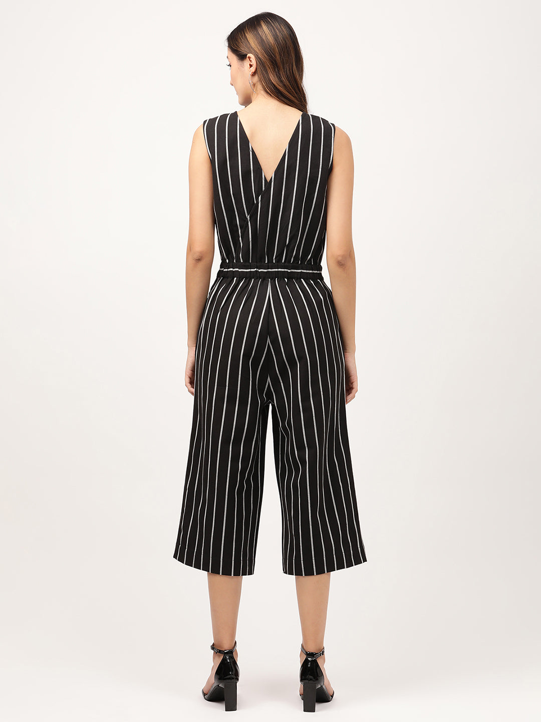 Elle Women Black Striped V Neck Jumpsuit