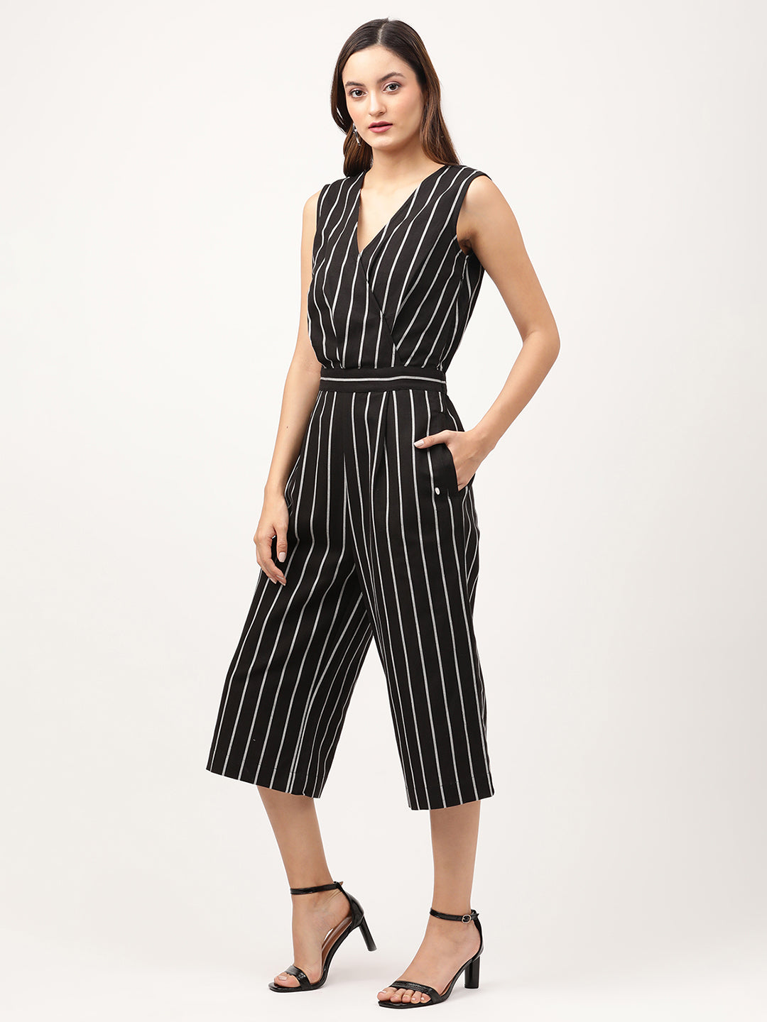 Elle Women Black Striped V Neck Jumpsuit