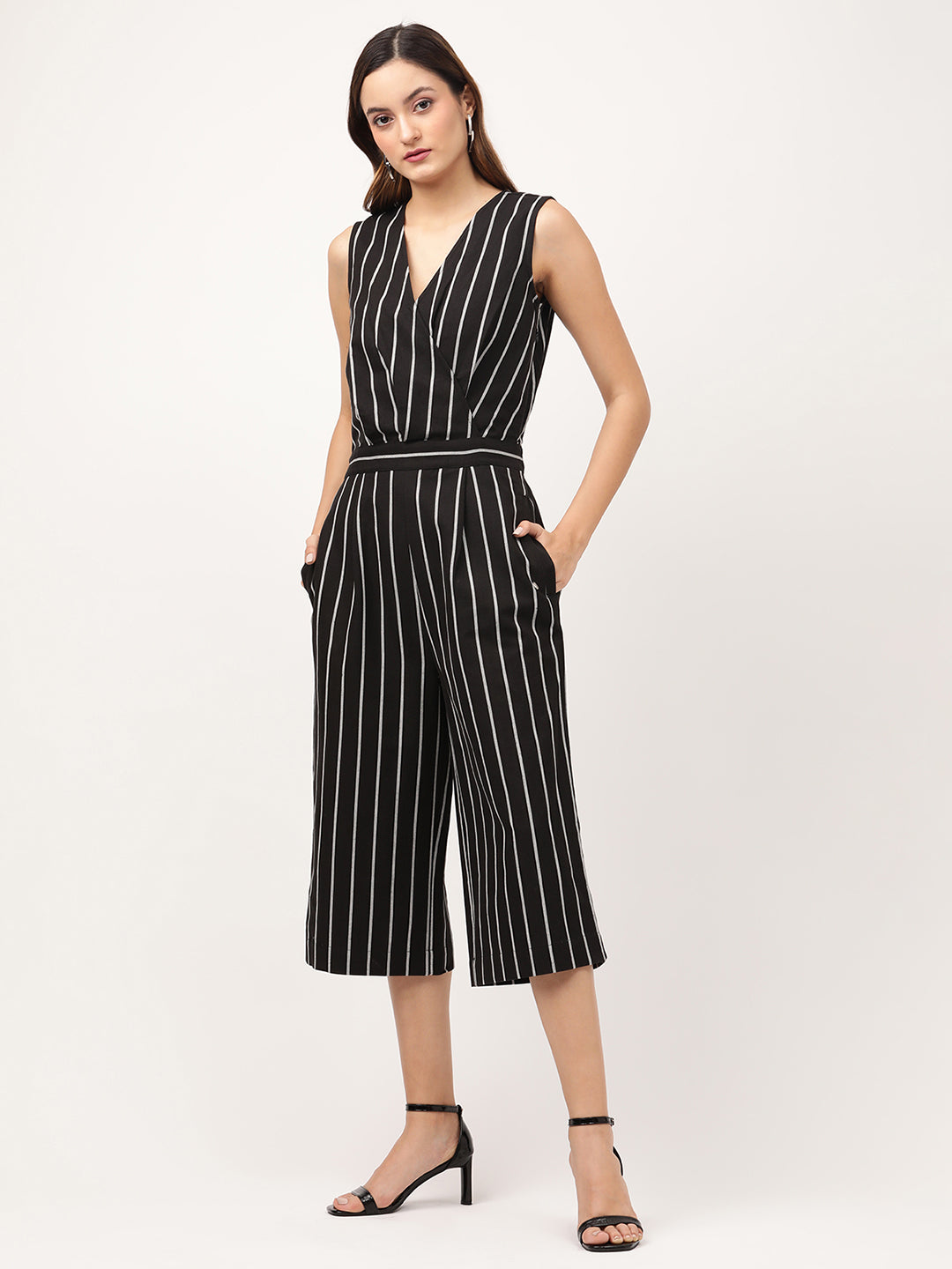 Elle Women Black Striped V Neck Jumpsuit