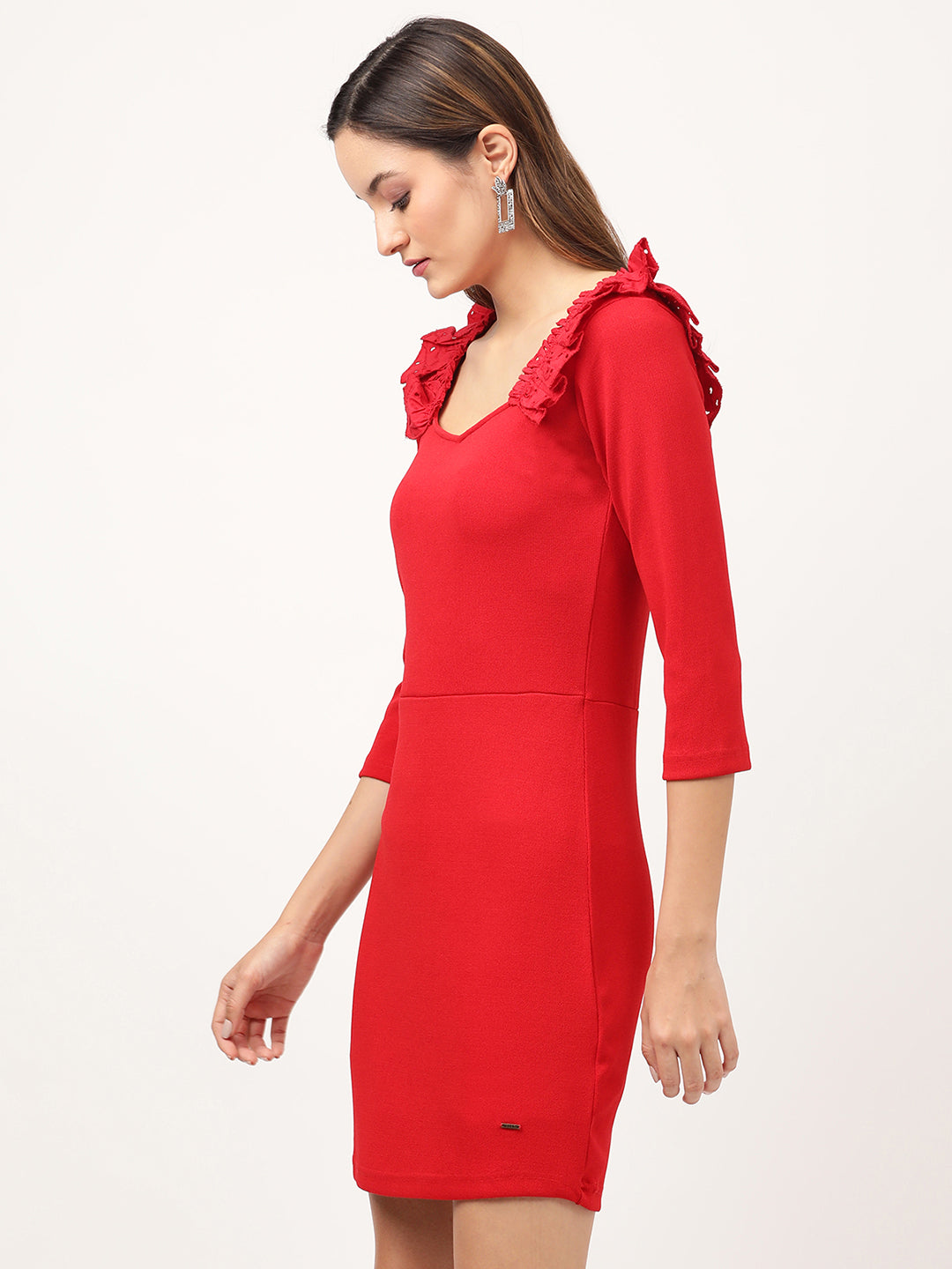 Elle Women Red Solid Square Neck Dress