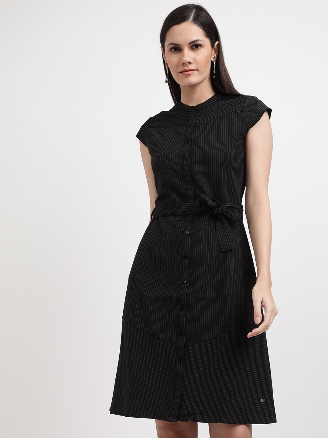 Elle Women Black Striped Round Neck Dress