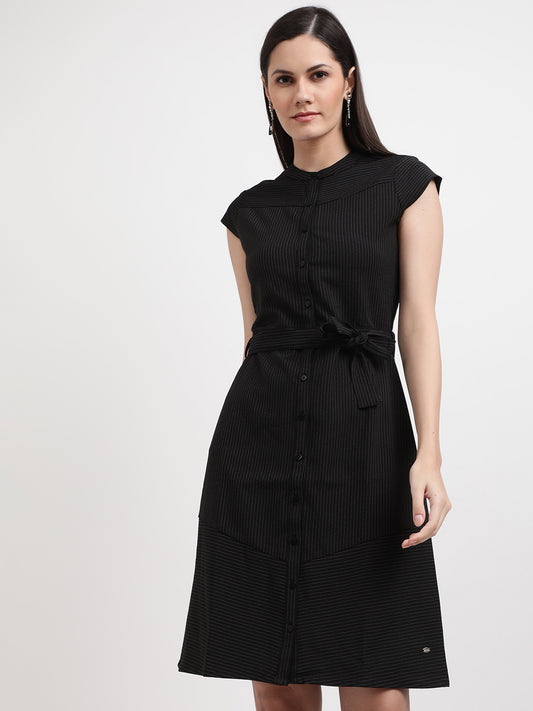 Elle Women Black Striped Round Neck Dress