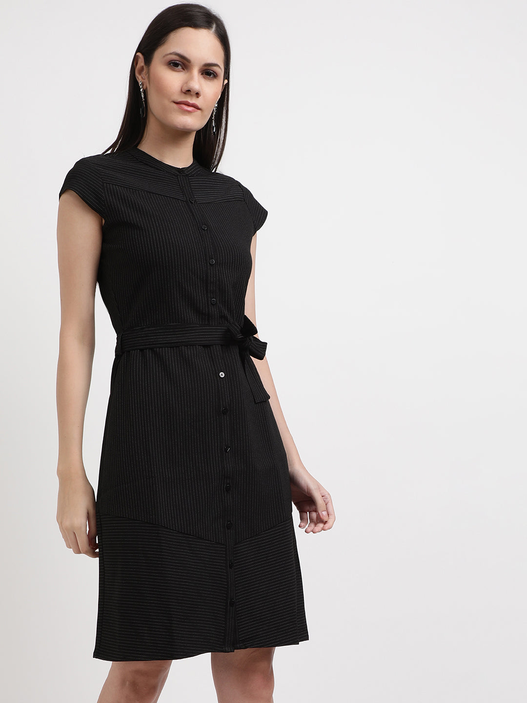 Elle Women Black Striped Round Neck Dress