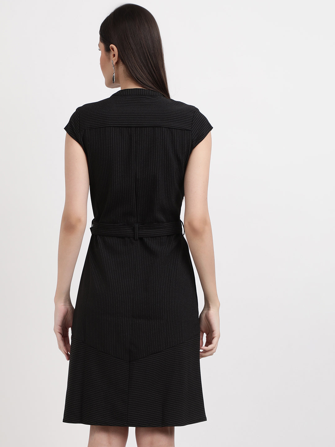 Elle Women Black Striped Round Neck Dress