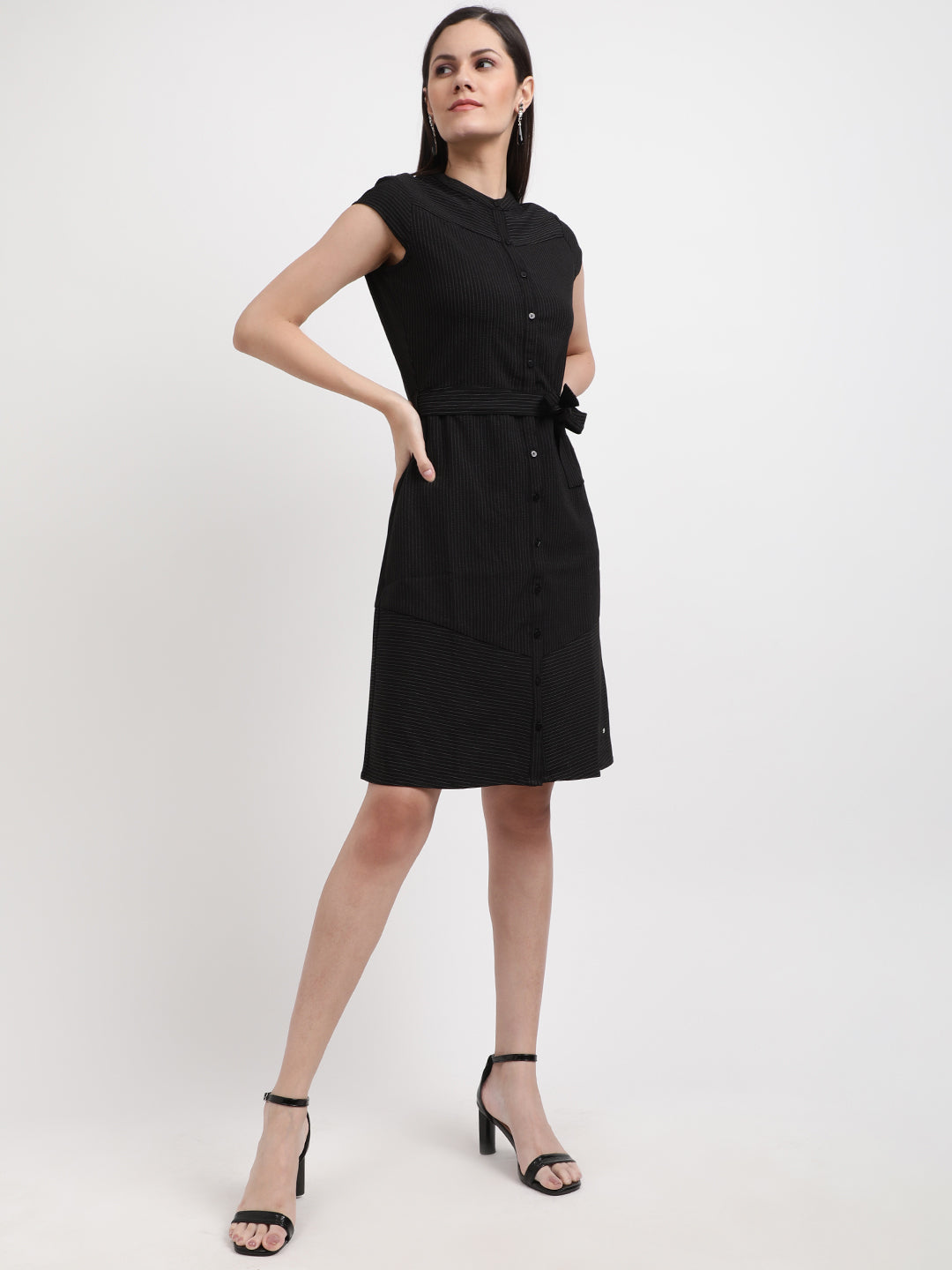 Elle Women Black Striped Round Neck Dress