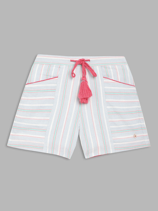 Elle Kids Girls White Striped Regular Fit Shorts