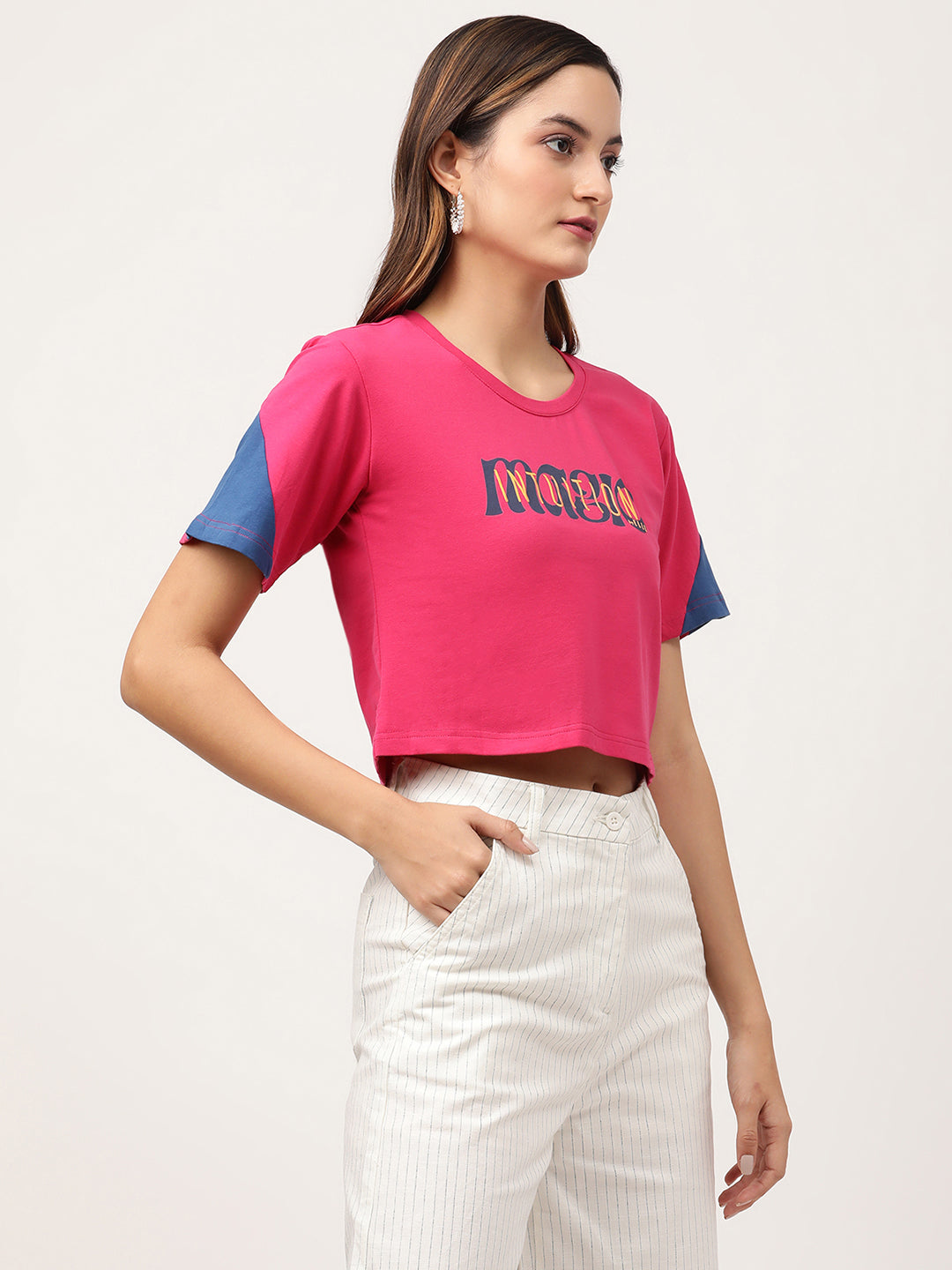 Elle Women Pink Solid Round Neck TShirt