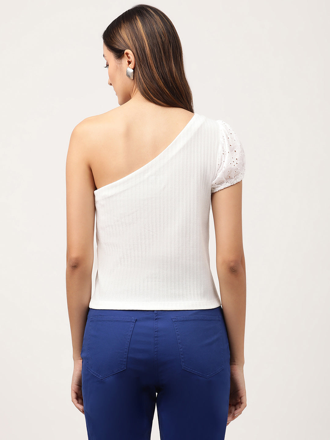 Elle Women White Solid Assymetrical Neck TShirt