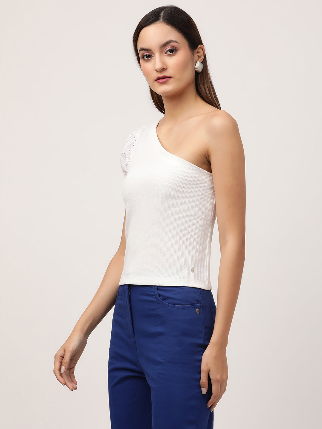 Elle Women White Solid Assymetrical Neck TShirt