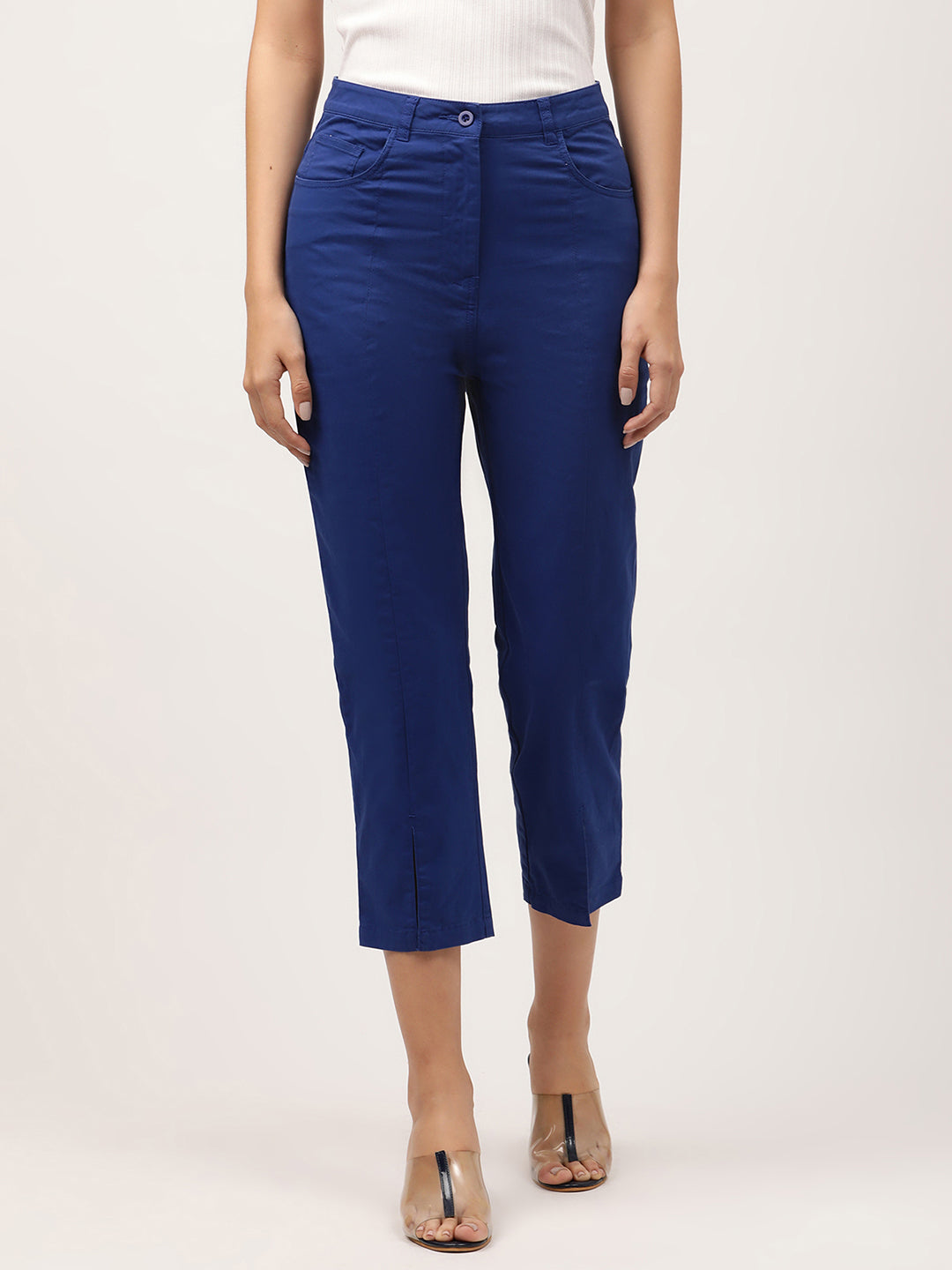 Elle Women Blue Solid Fitted Trouser