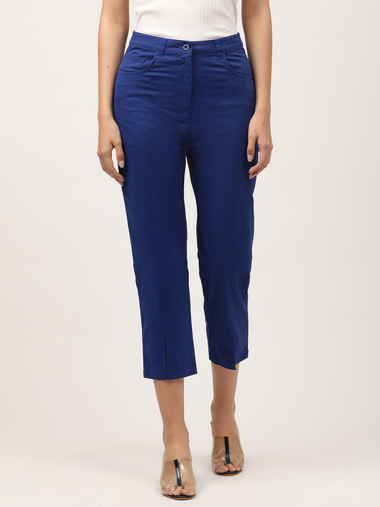 Elle Women Blue Solid Fitted Trouser