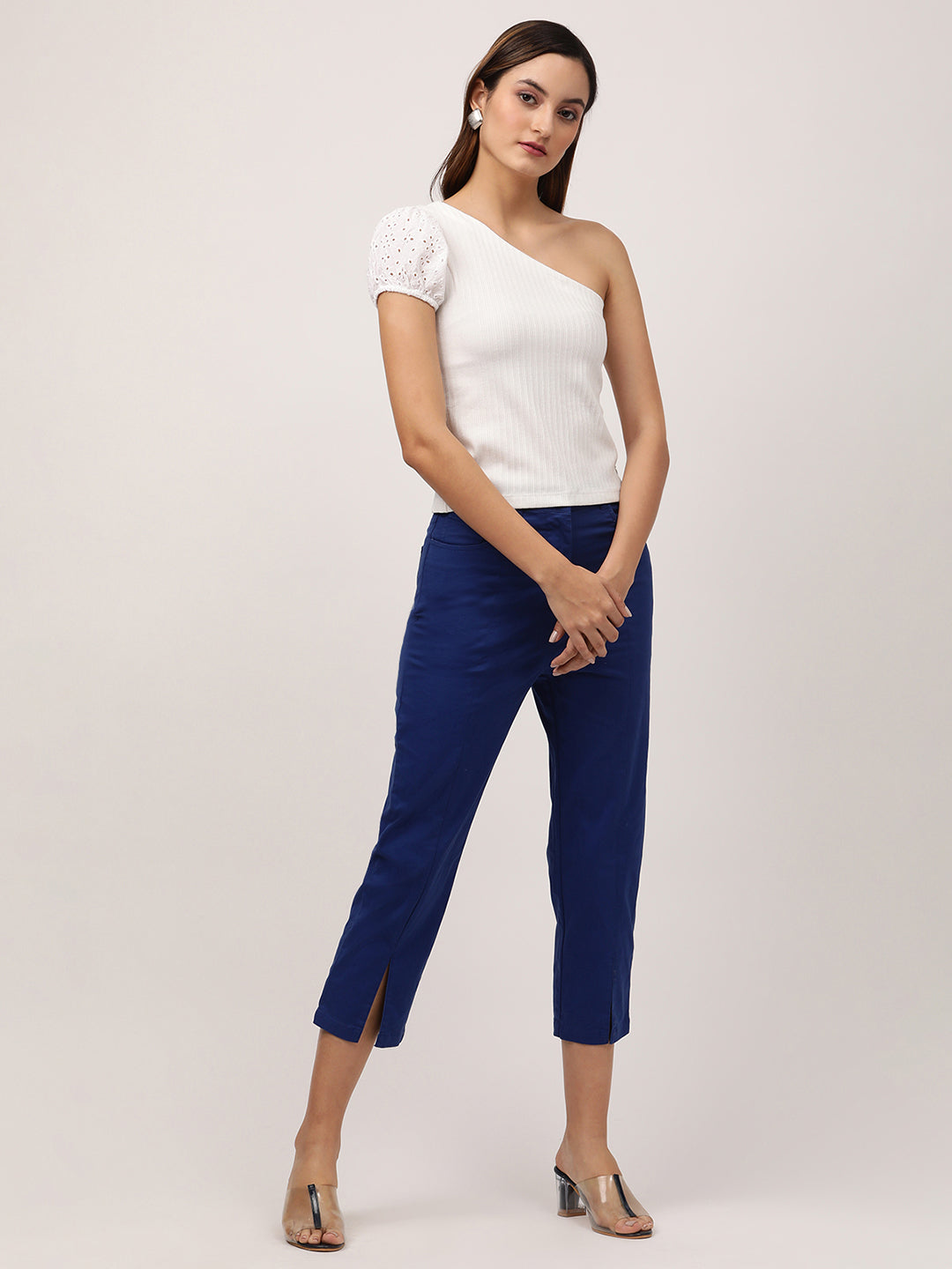 Elle Women Blue Solid Fitted Trouser