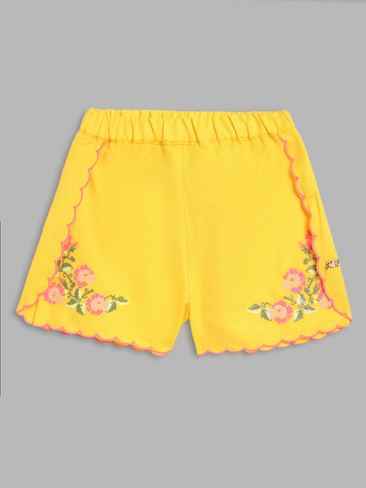 Blue Giraffe Girls Yellow Embroidered Flared Shorts