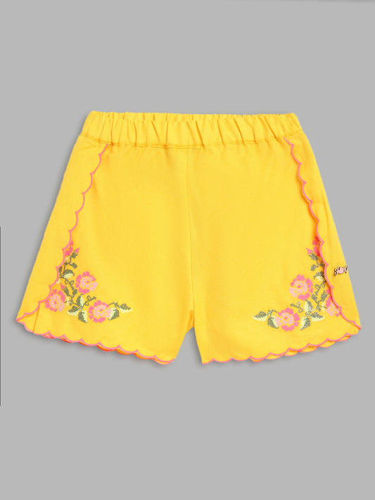 Blue Giraffe Girls Yellow Embroidered Flared Shorts