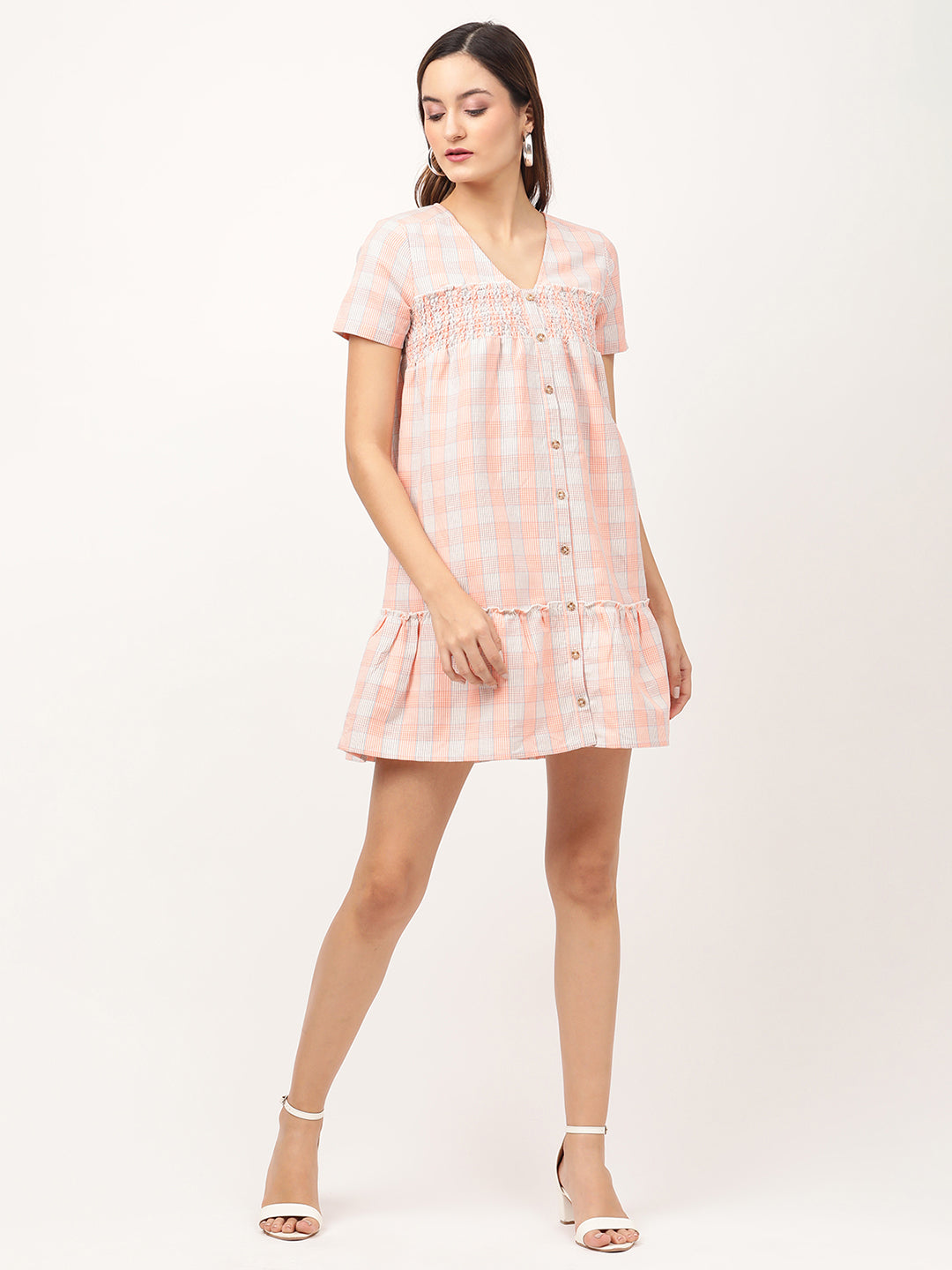 Elle Women Orange Striped V Neck Dress