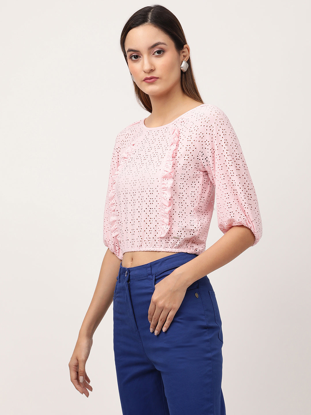 Elle Women Pink Striped V Neck TShirt