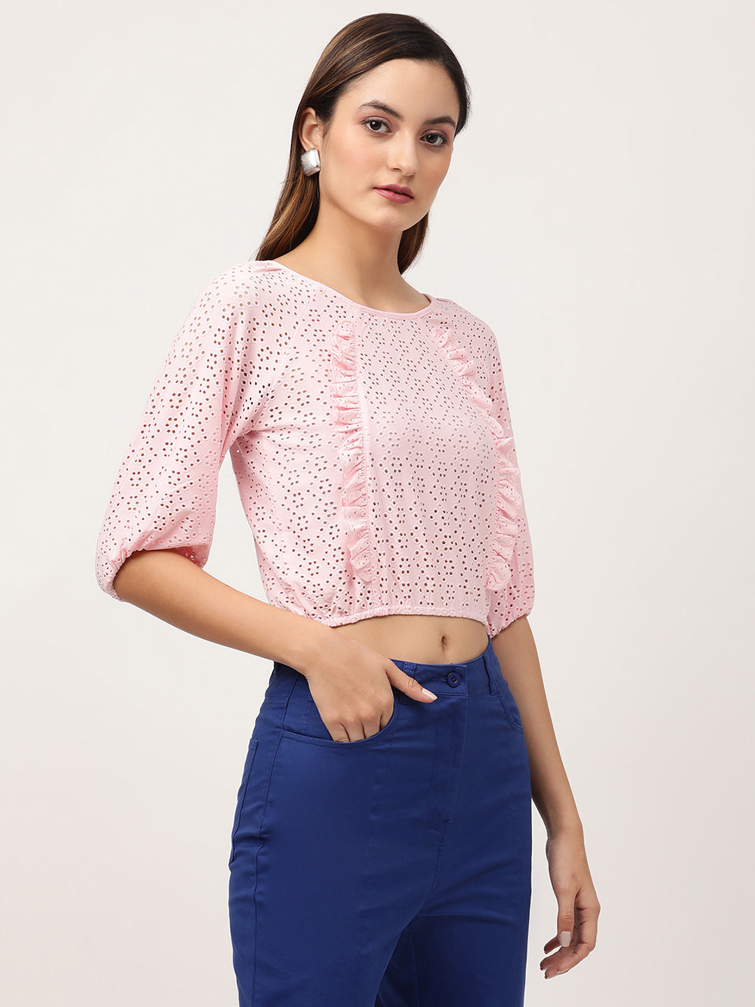 Elle Women Pink Striped V Neck TShirt