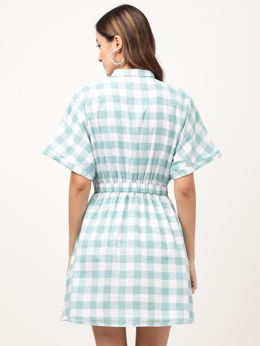 Elle Women Teal Checked Collar Dress