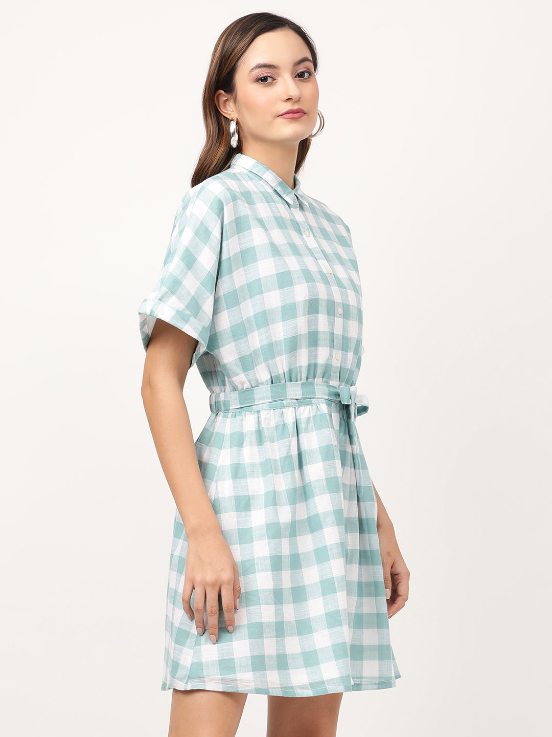 Elle Women Teal Checked Collar Dress
